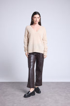 Aura Oversize V-Neck Jumper with Visible Seams - Cream Beige - Women