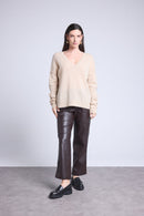 Pull Col V Oversize Coutures Aura - Beige Creme - Femme