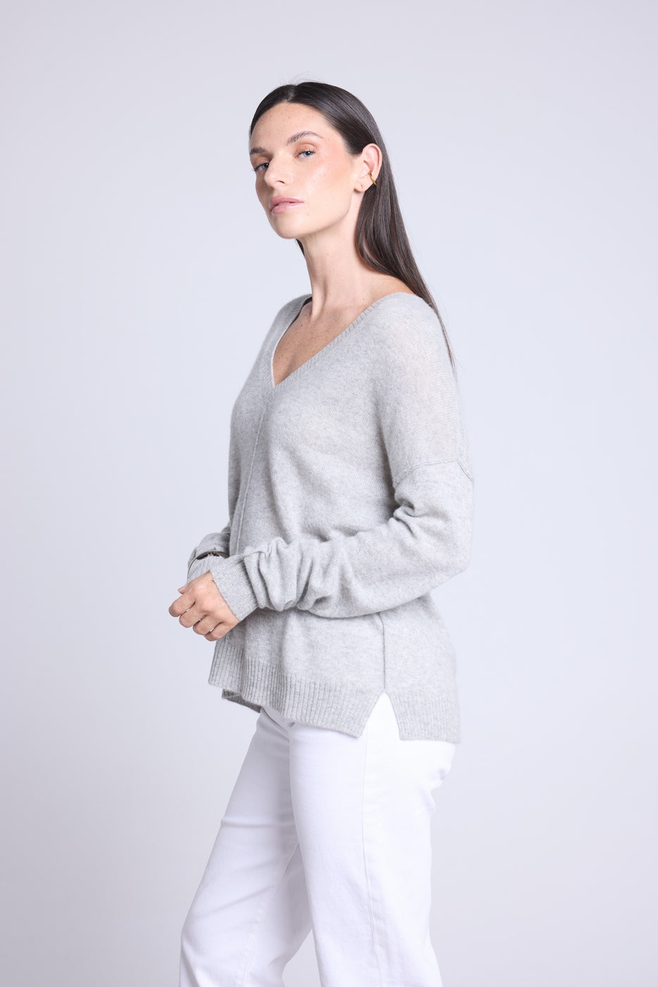 Pull Col V Oversize Coutures Aura - Gris Clair - Femme - 100% Cachemire