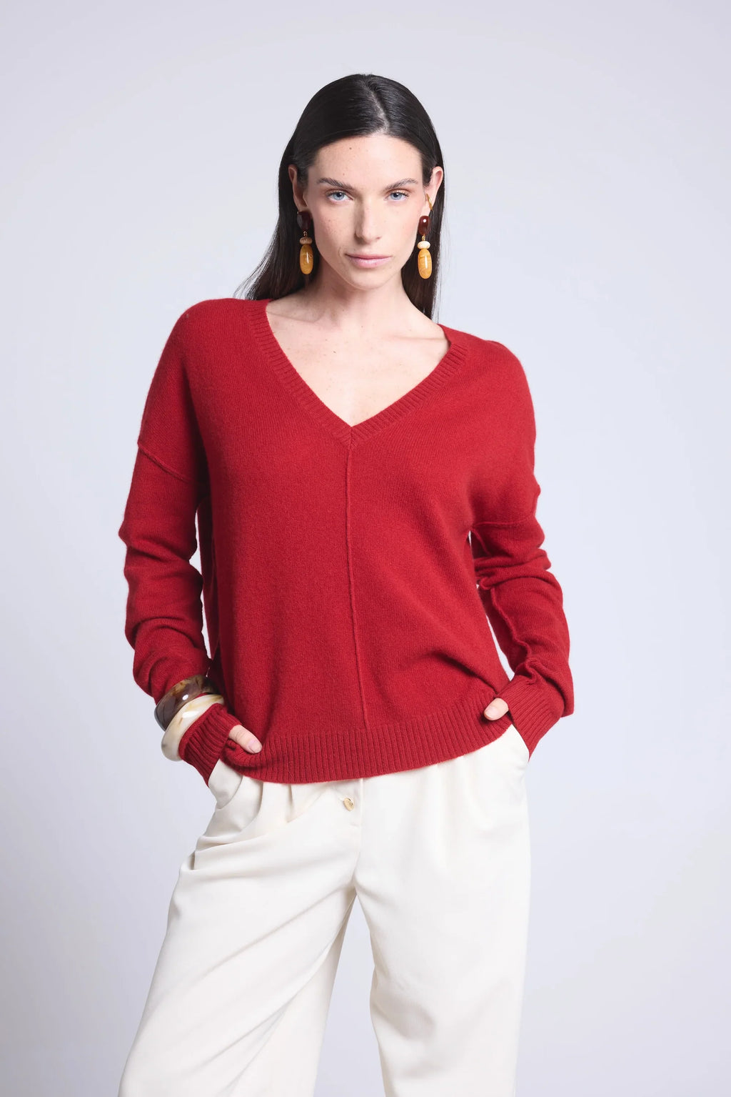 Oversize V-Neck Jumper Visible Seams Aura - Bordeaux Red - Women