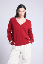 Oversize V-Neck Jumper Visible Seams Aura - Bordeaux Red - Women