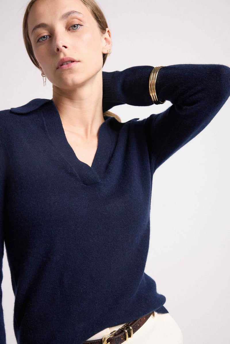 Pull Col Polo Aurore - Bleu Marine - 100% Cachemire Oeko-Tex - Femme