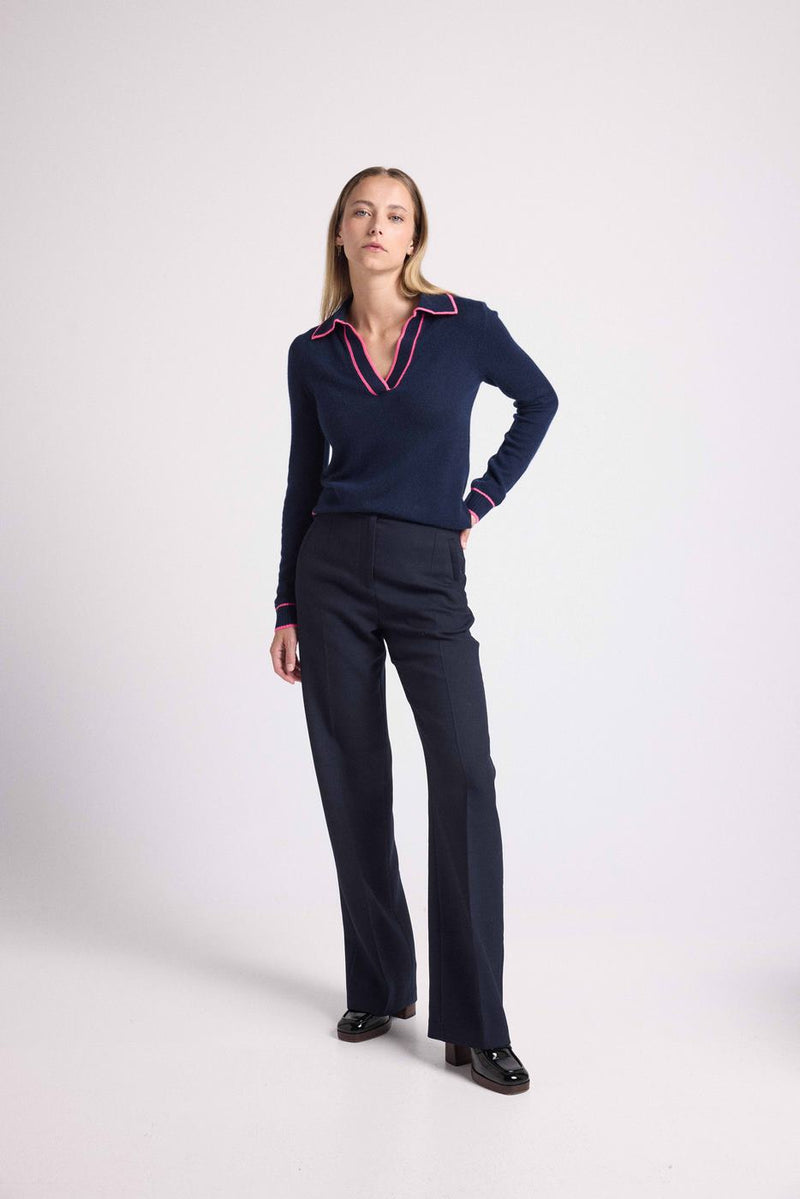 Pull Col Polo Aurore - Bleu Marine Rose Fluo