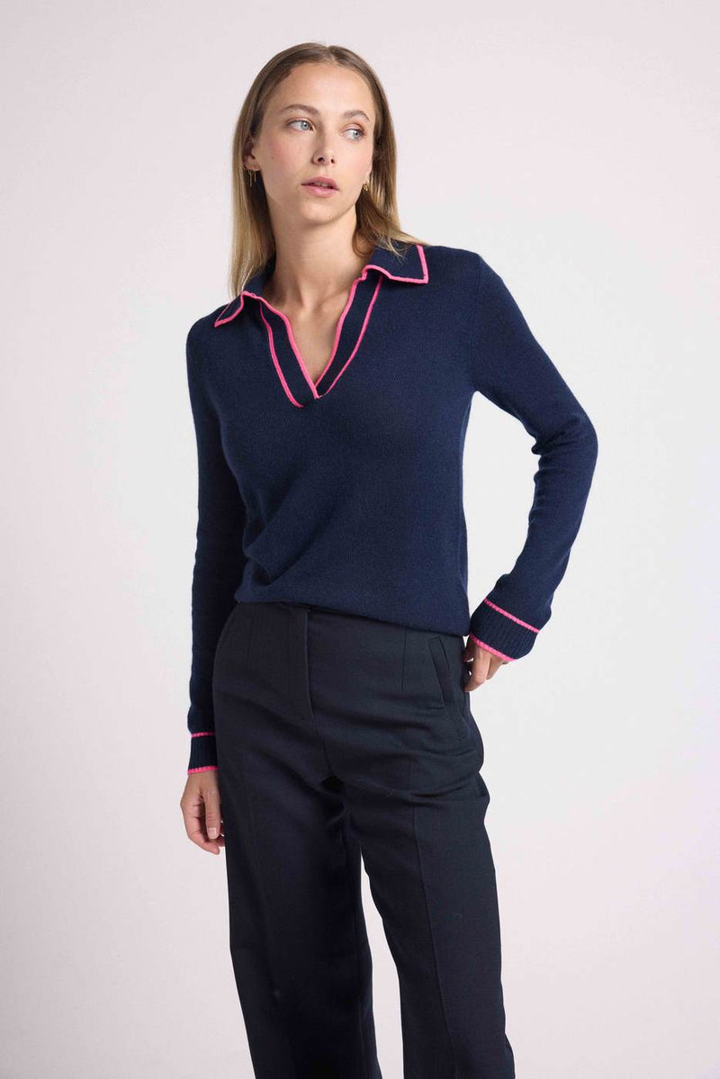 Pull Col Polo Aurore - Bleu Marine Rose Fluo