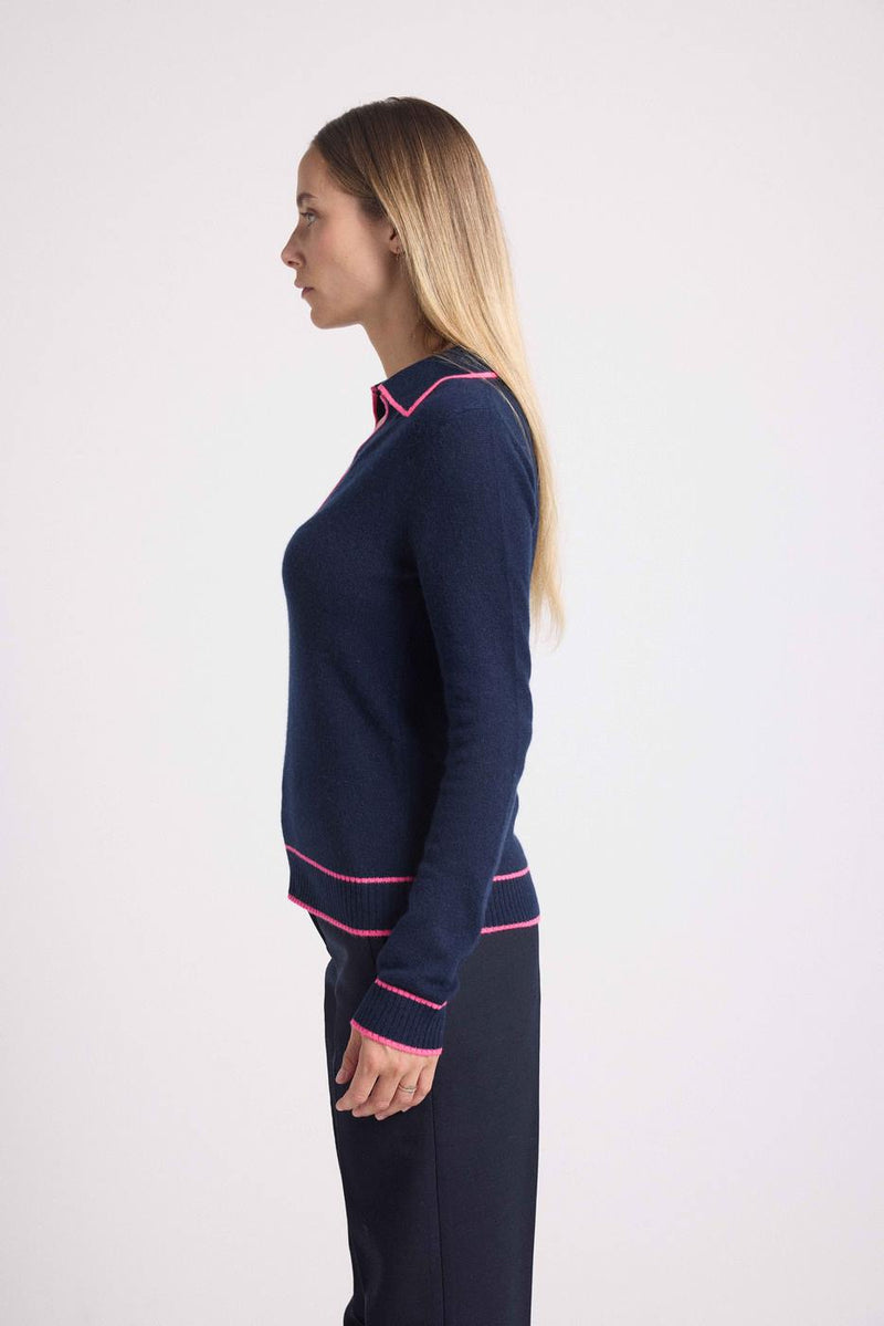 Pull Col Polo Aurore - Bleu Marine Rose Fluo