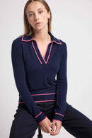 Pull Col Polo Aurore - Bleu Marine Rose Fluo