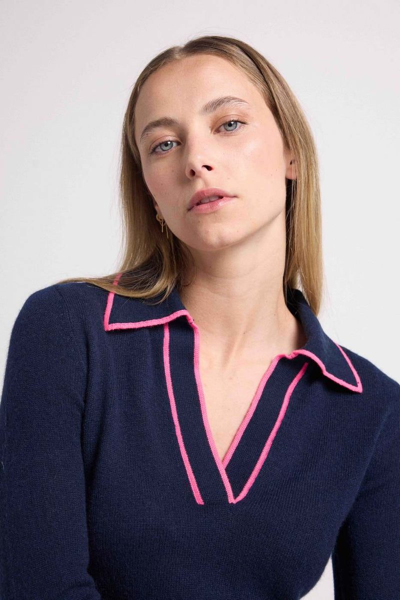 Pull Col Polo Aurore - Bleu Marine Rose Fluo