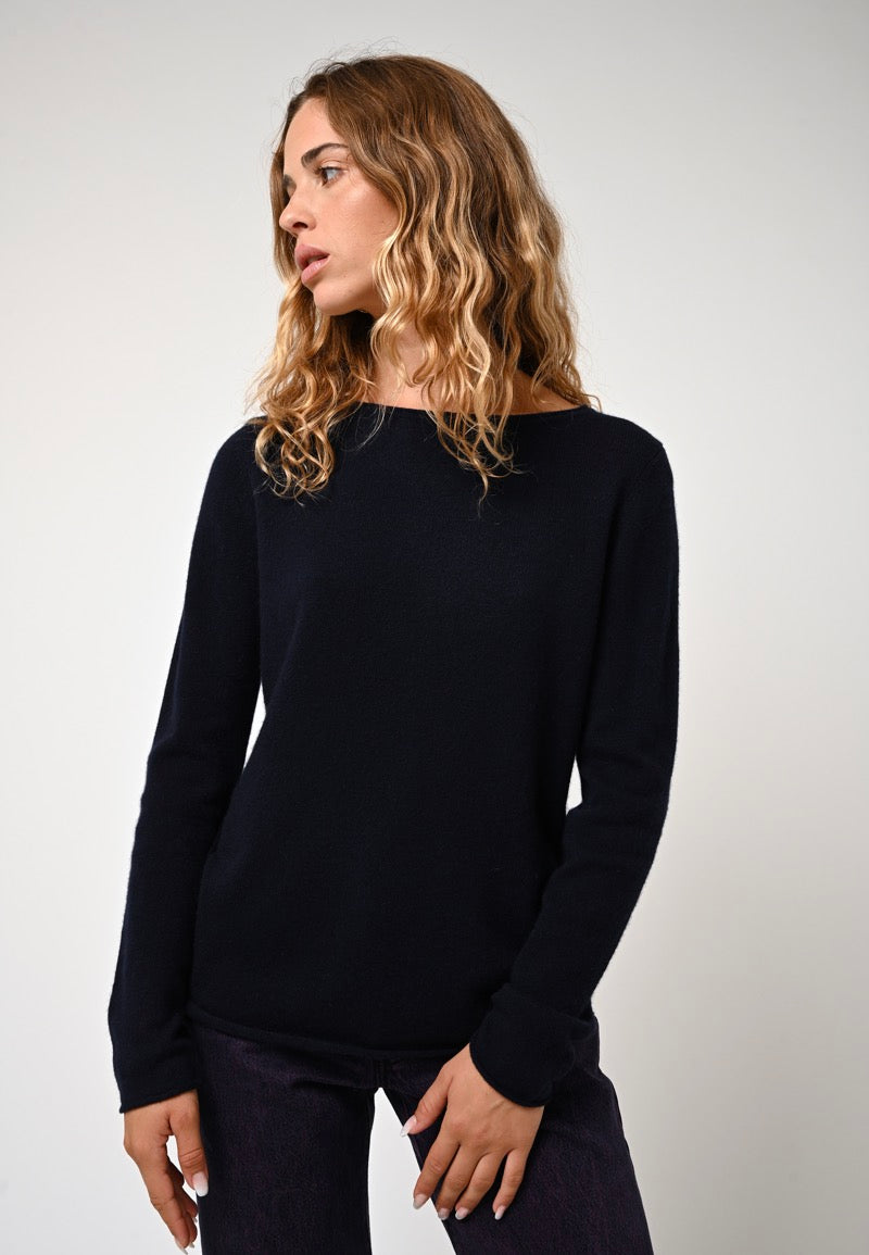 Pull Col Bateau Criou - Navy - 100% Cachemire 2 Fils - Femme