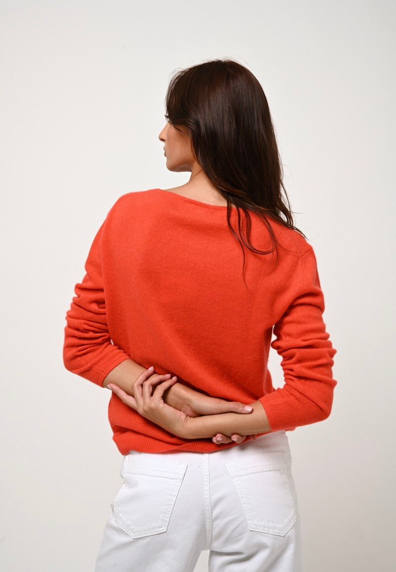 Pull Col Bateau Lanfon - Orange - 100% Cachemire 2 Fils - Femme