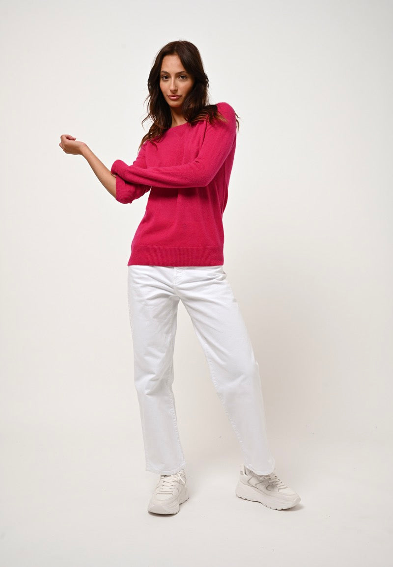 Pull Col Rond Etret - Fuchsia - 100% Cachemire 2 Fils - Femme