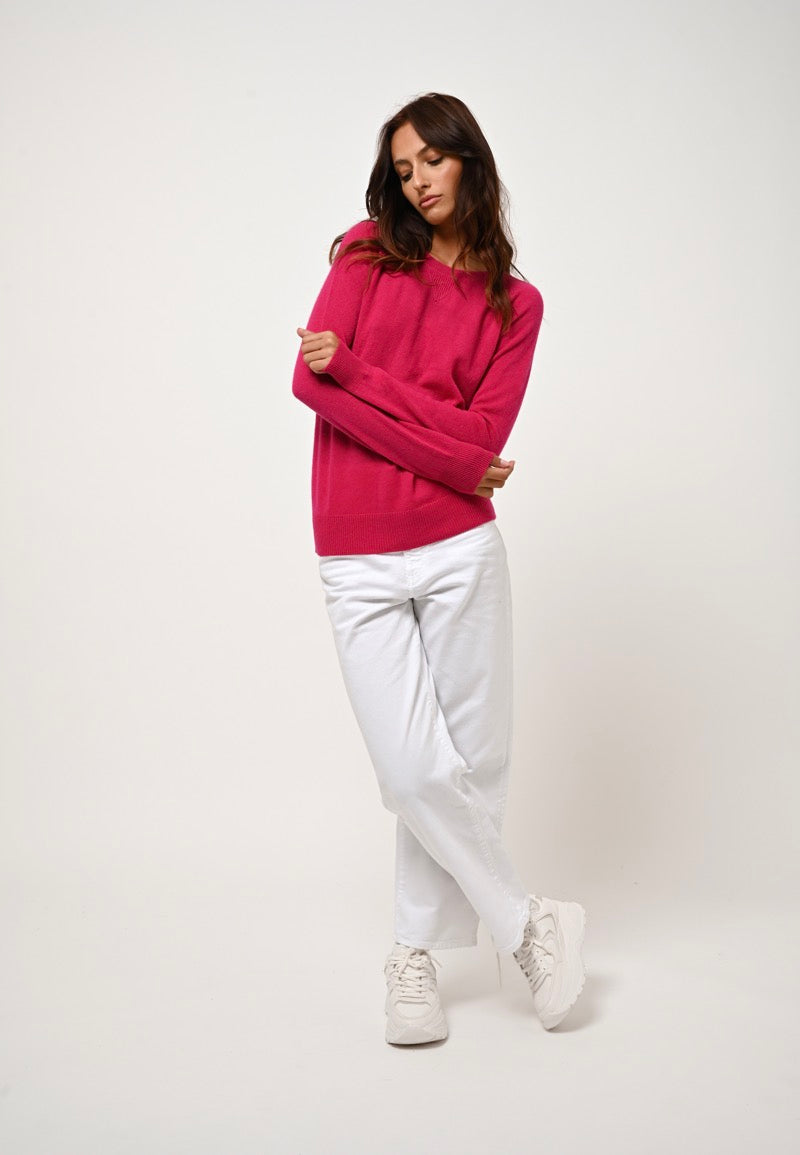 Pull Col Rond Etret - Fuchsia - 100% Cachemire 2 Fils - Femme