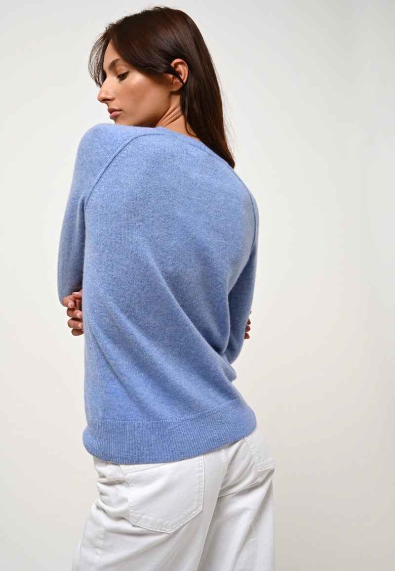 Pull Col Rond Etret - Sky - 100% Cachemire 2 Fils - Femme