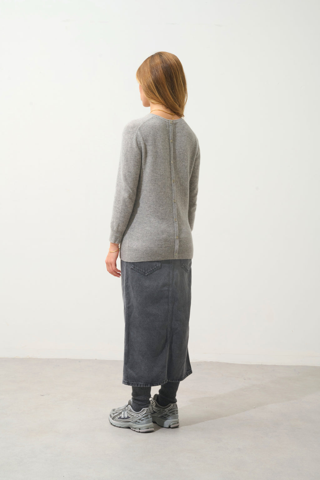 Button-Back Crew-Neck Jumper - Estaris - Cloud Marl