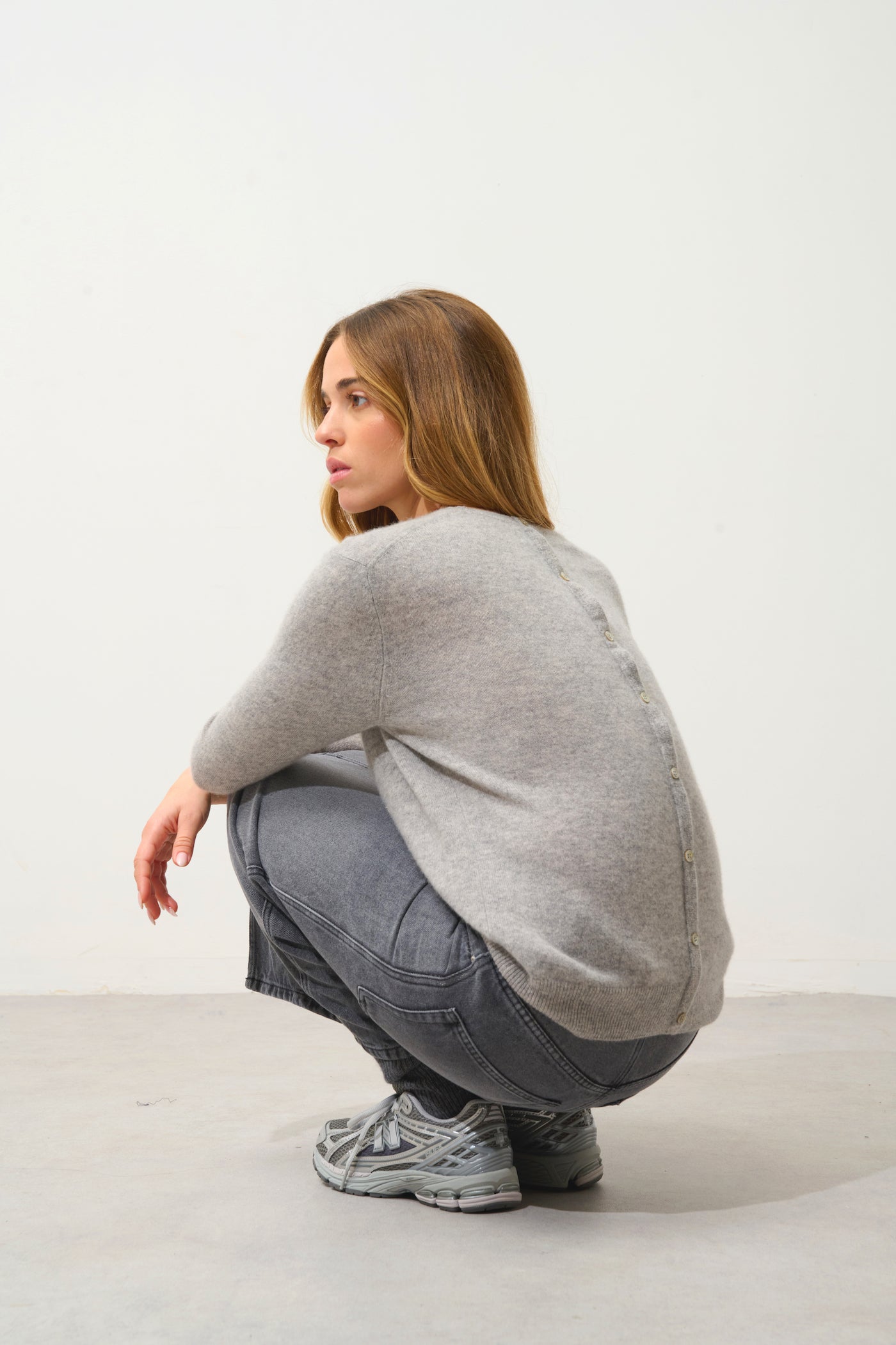 Button-Back Crew-Neck Jumper - Estaris - Cloud Marl