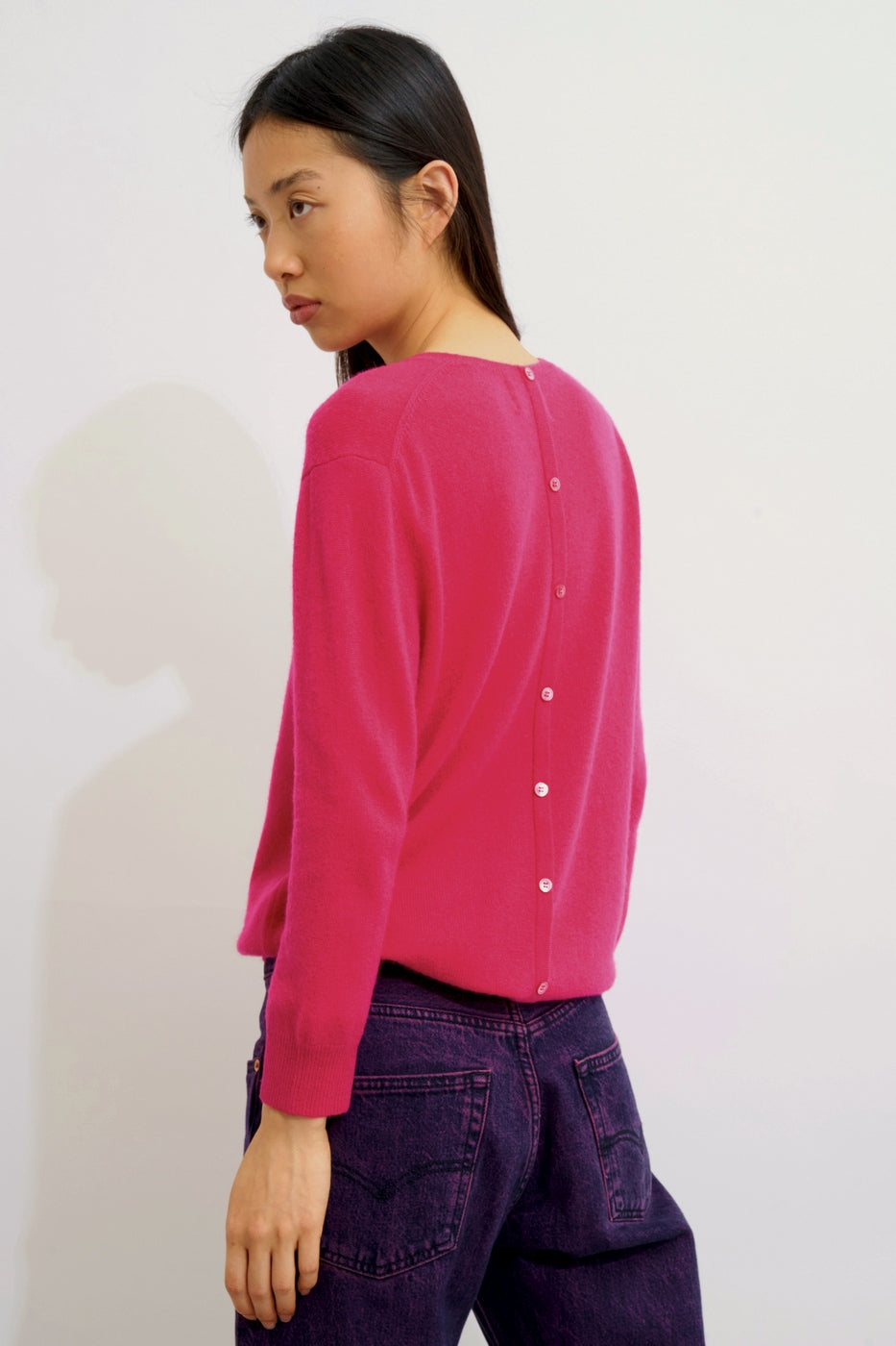 Pull Col Rond Boutonné Dos - Estaris - Fuchsia