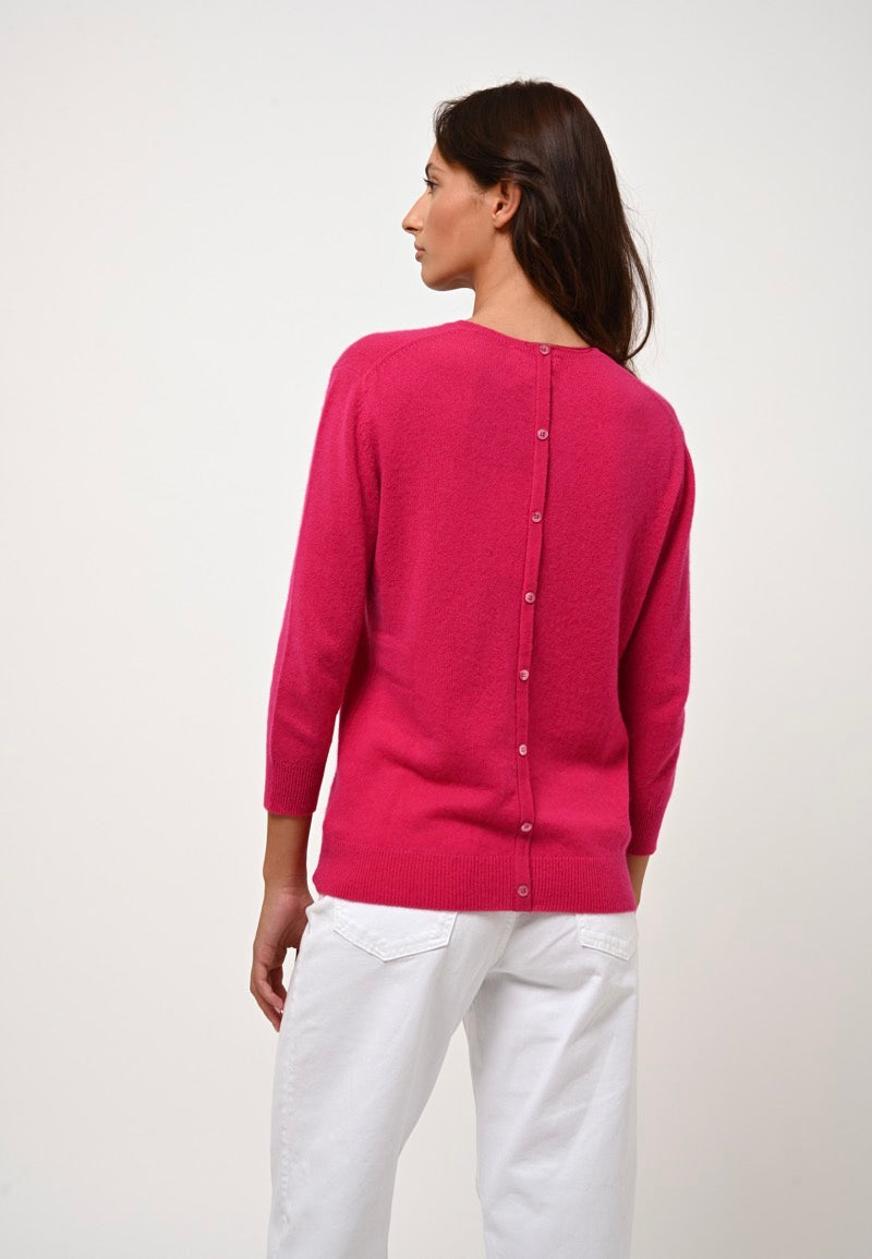 Pull Col Rond Boutonné Dos Estaris - Fuchsia - 100% Cachemire 2 Fils - Femme