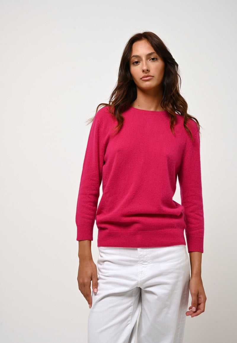 Pull Col Rond Boutonné Dos Estaris - Fuchsia - 100% Cachemire 2 Fils - Femme