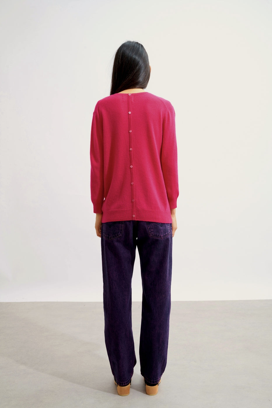 Pull Col Rond Boutonné Dos - Estaris - Fuchsia