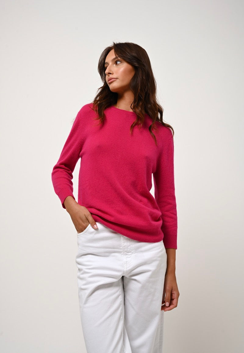 Pull Col Rond Boutonné Dos Estaris - Fuchsia - 100% Cachemire 2 Fils - Femme