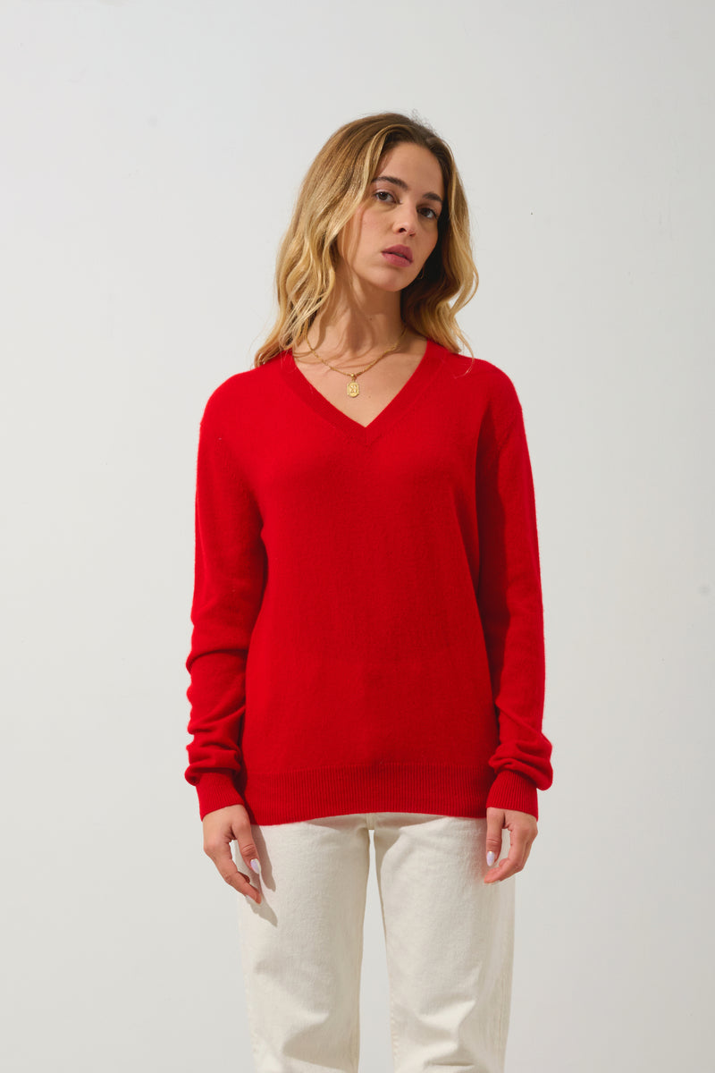 Pull Col V  Gardoria - Rouge - 100% Cachemire 2 Fils - Femme