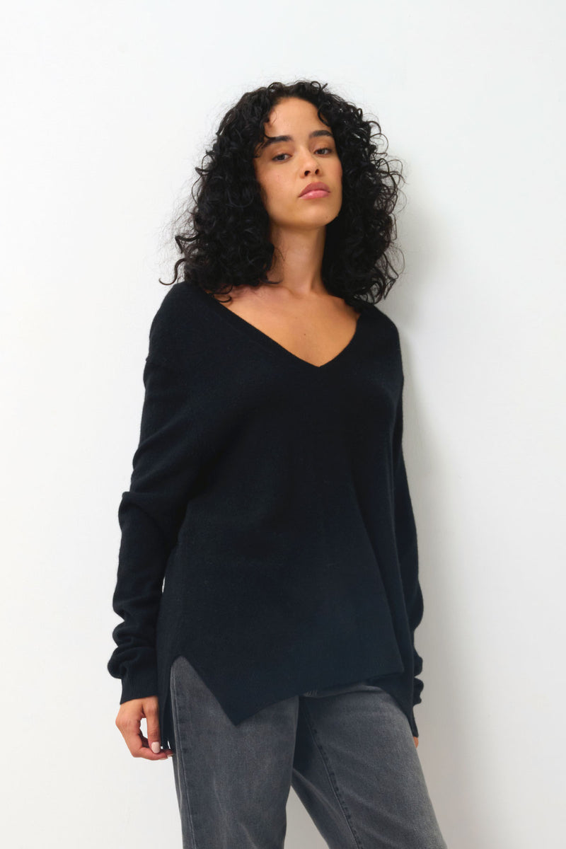 Pull Col V Devant Et Dos Giegn - Noir - 100% Cachemire 2 Fils - Femme