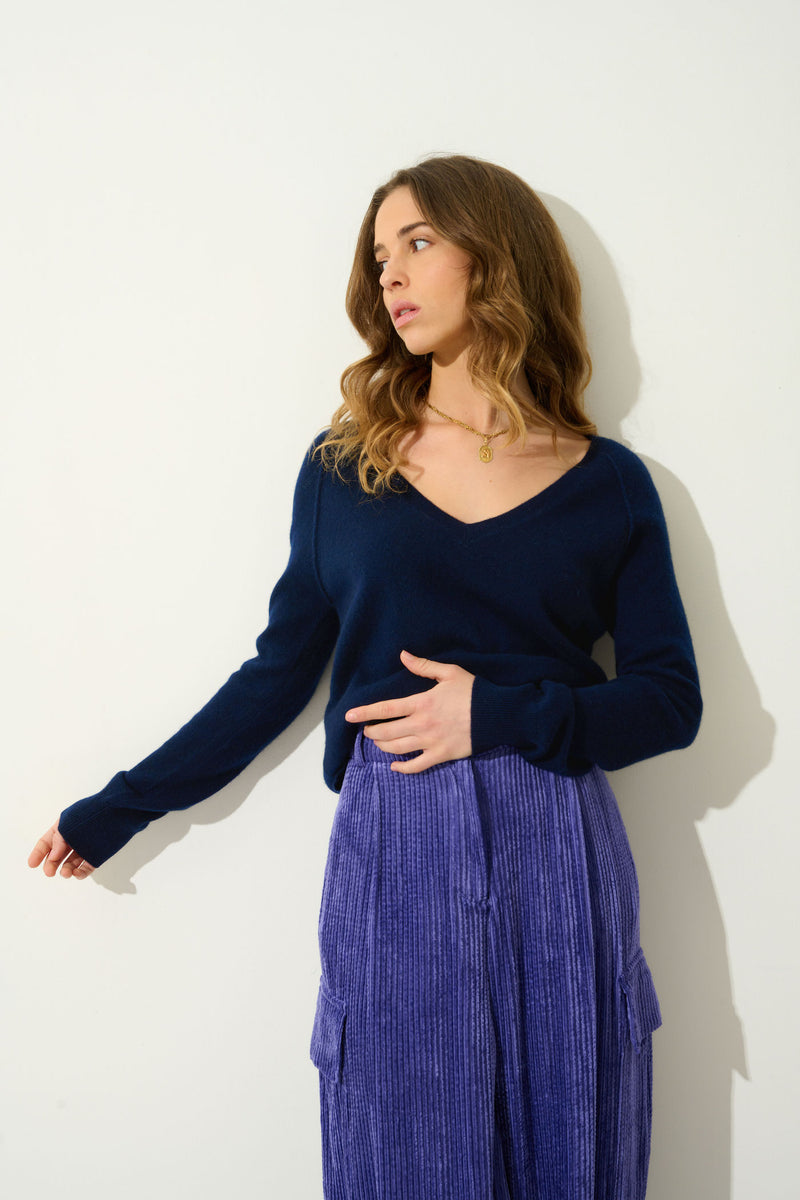 Pull Col V  Giusalet - Navy - 100% Cachemire 2 Fils - Femme