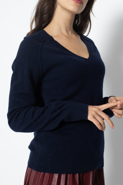 Pull Col V  Giusalet - Navy - 100% Cachemire 2 Fils - Femme