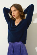 Pull Col V  Giusalet - Navy - 100% Cachemire 2 Fils - Femme