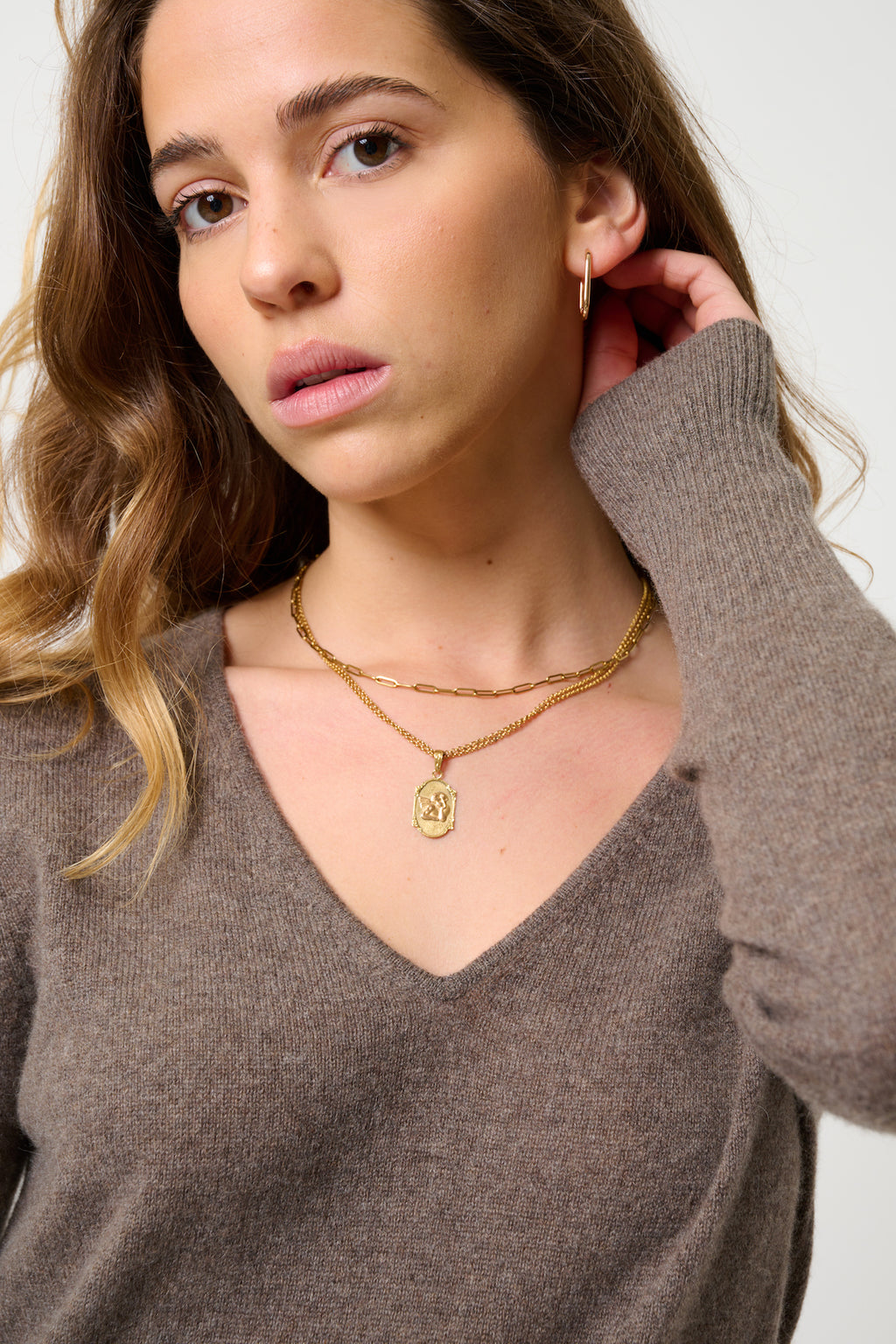 V-Neck Dress - Capelet - Heathered Taupe