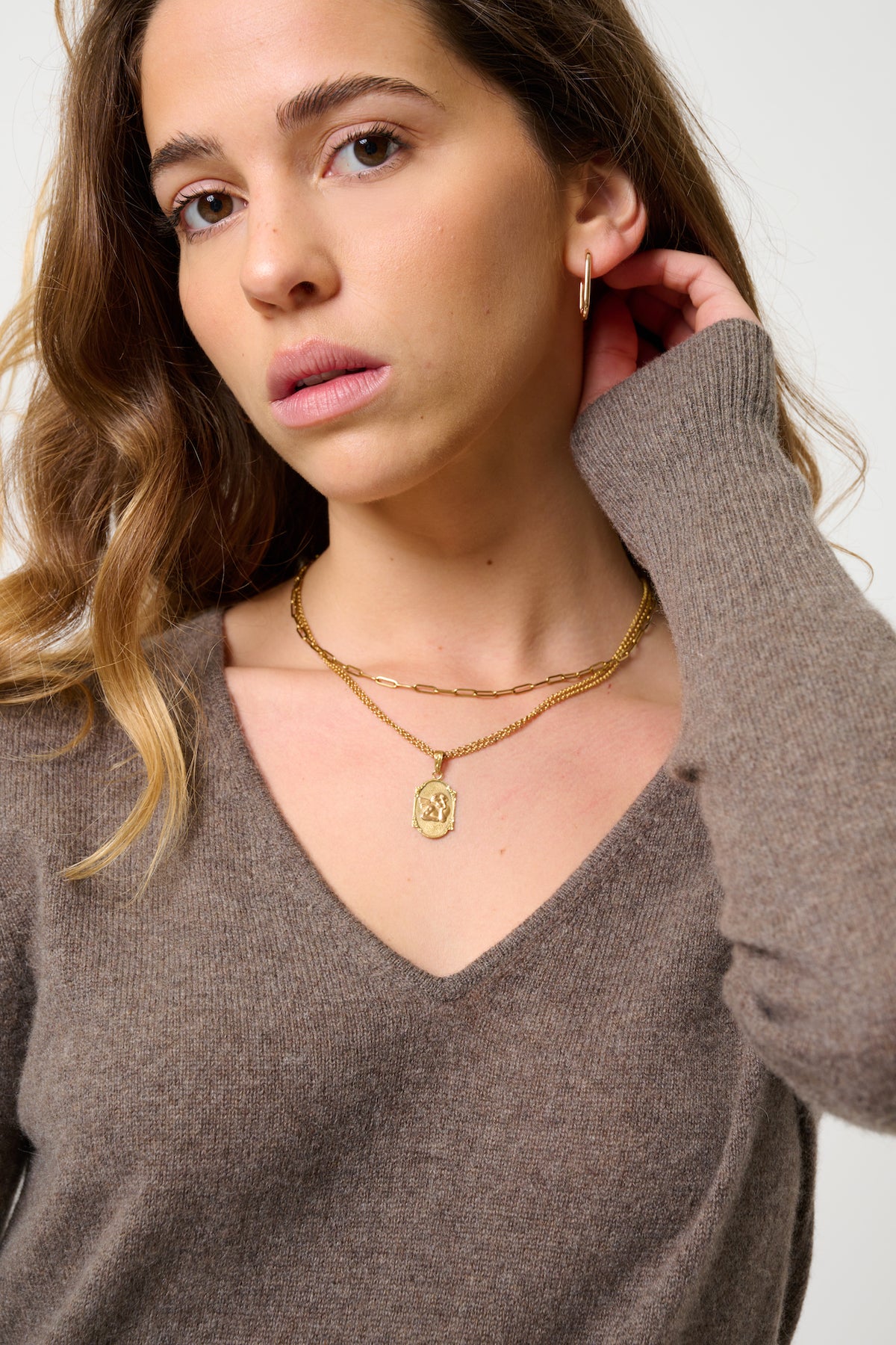 V-Neck Dress - Capelet - Heathered Taupe
