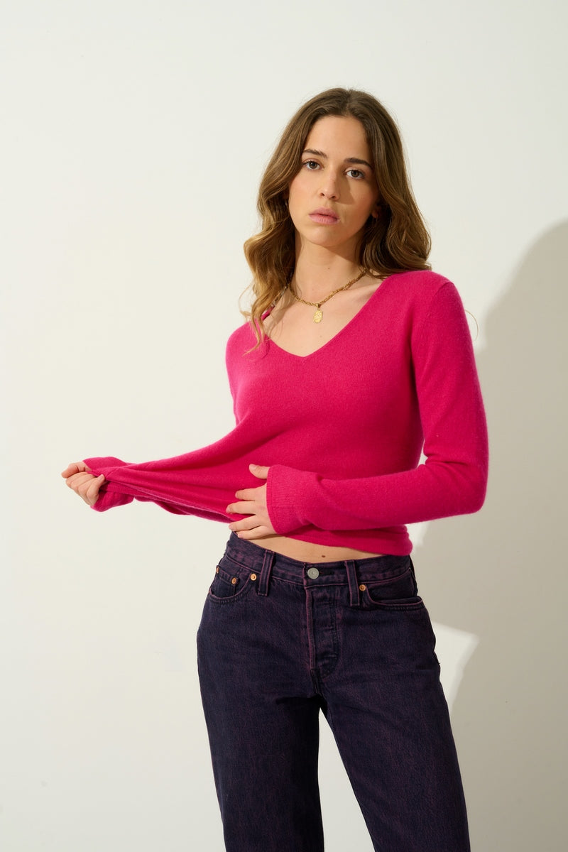 Pull Col V  Galise - Fuchsia - 100% Cachemire 2 Fils - Femme