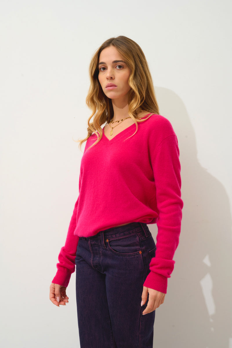 Pull Col V  Gardoria - Fuchsia - 100% Cachemire 2 Fils - Femme