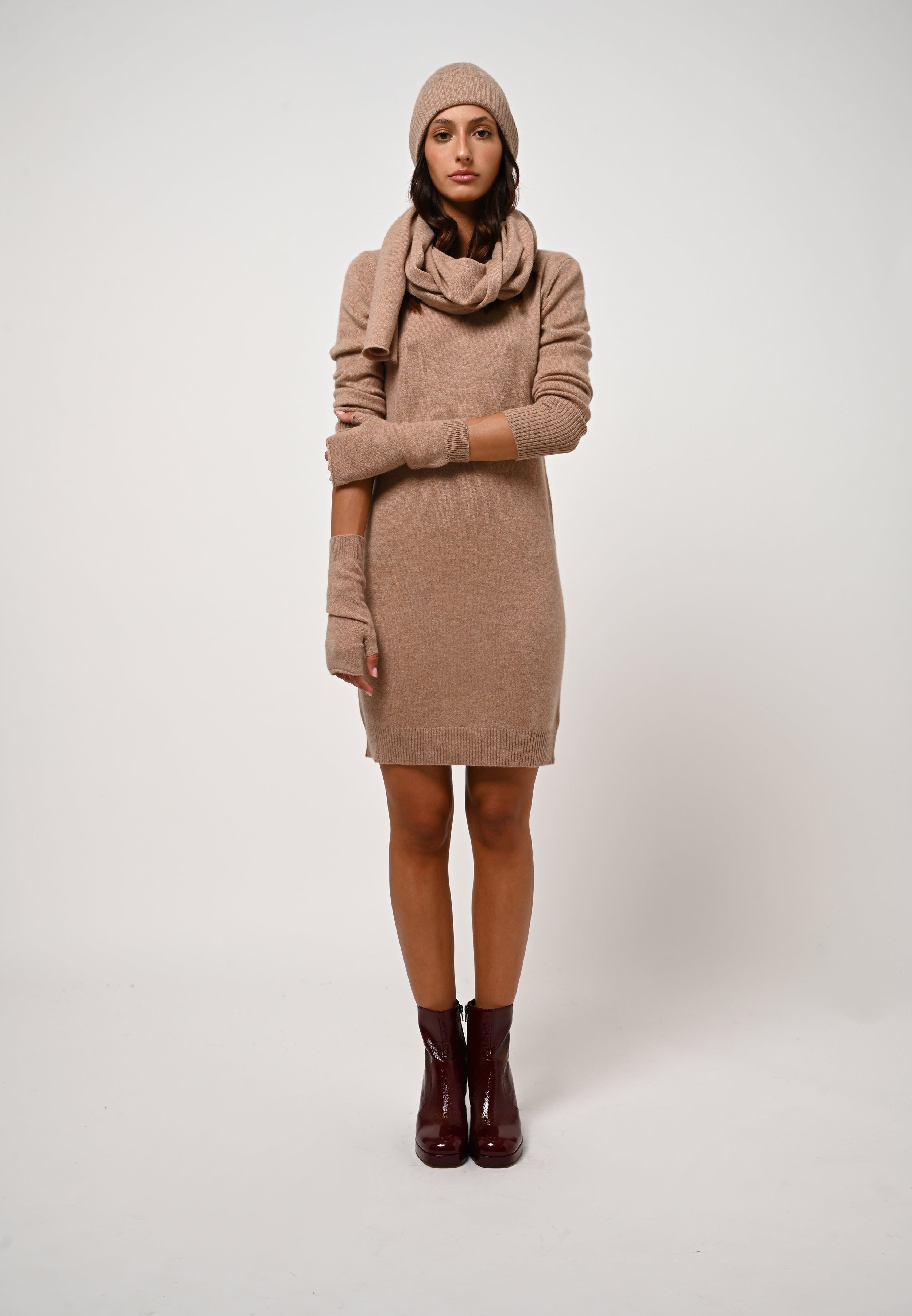 Round Neck Dress - Armet - Chiné Camel