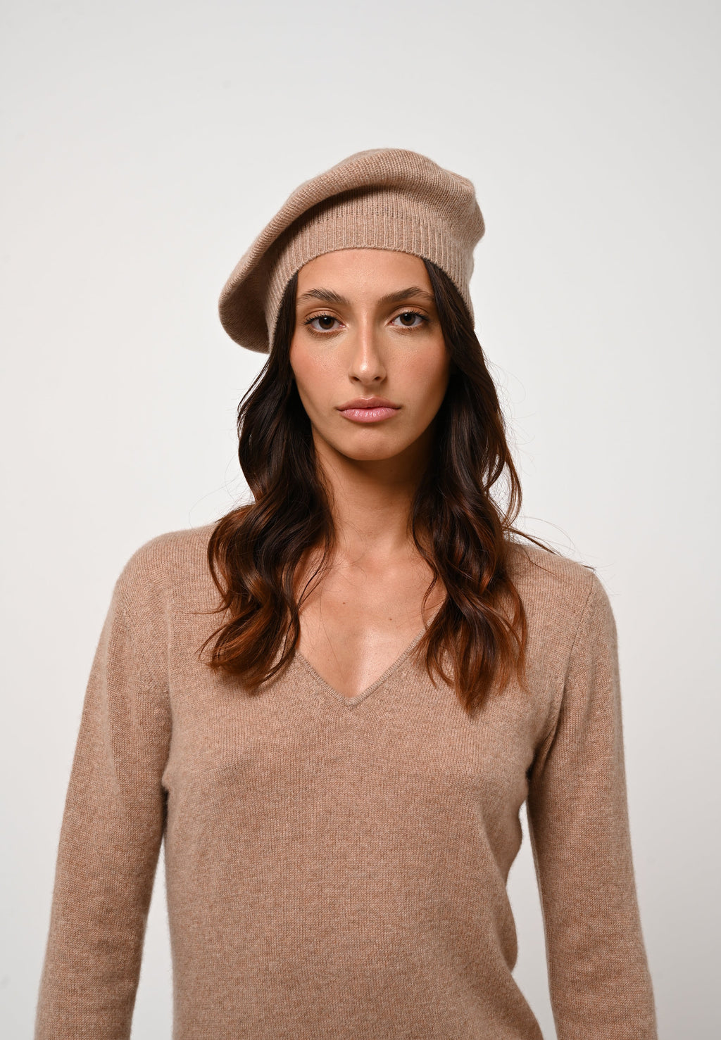 Vestido Cuello V - Capelet - Camel Jaspeado