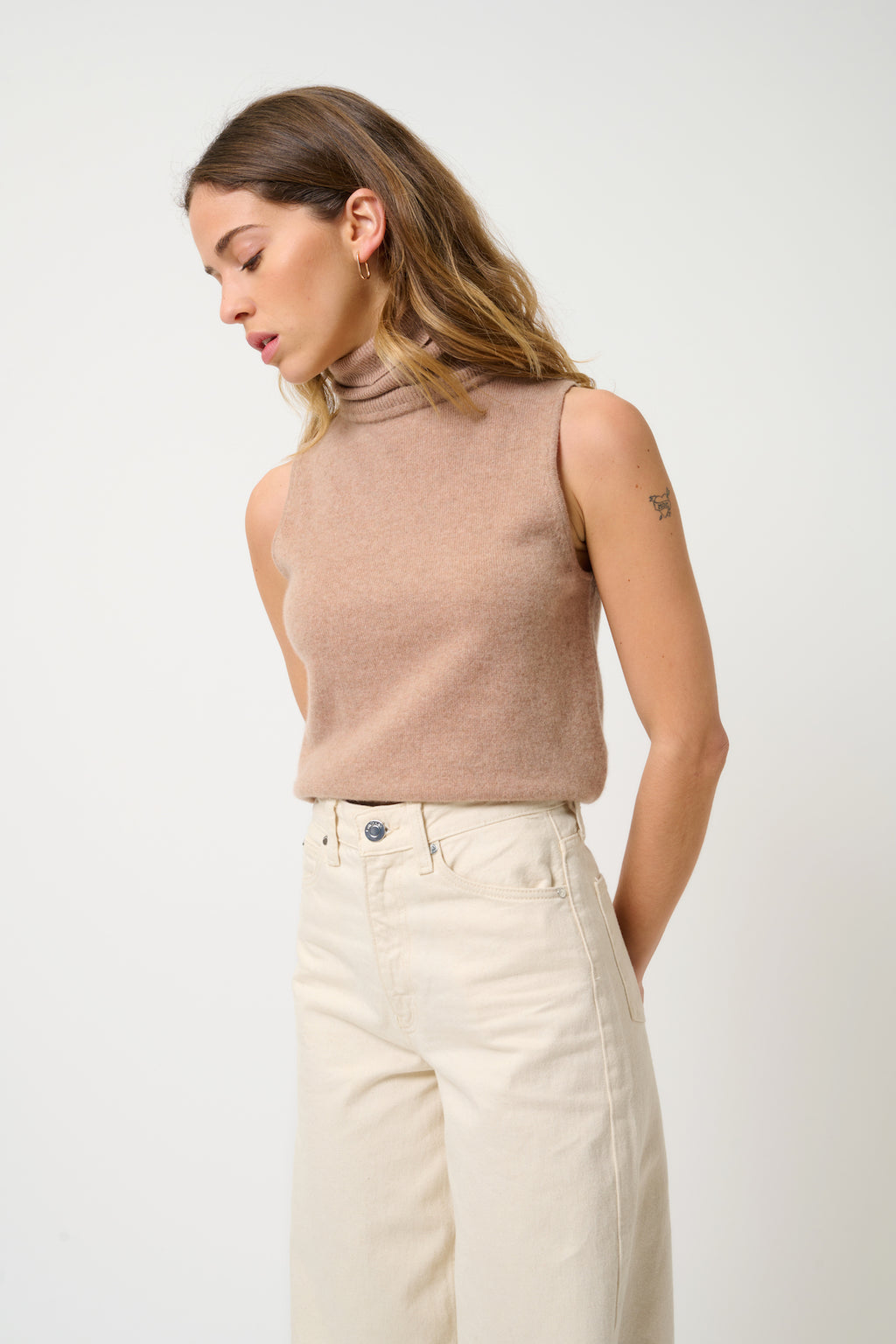 Jersey de cuello alto sin mangas - Capucin - Camel jaspeado