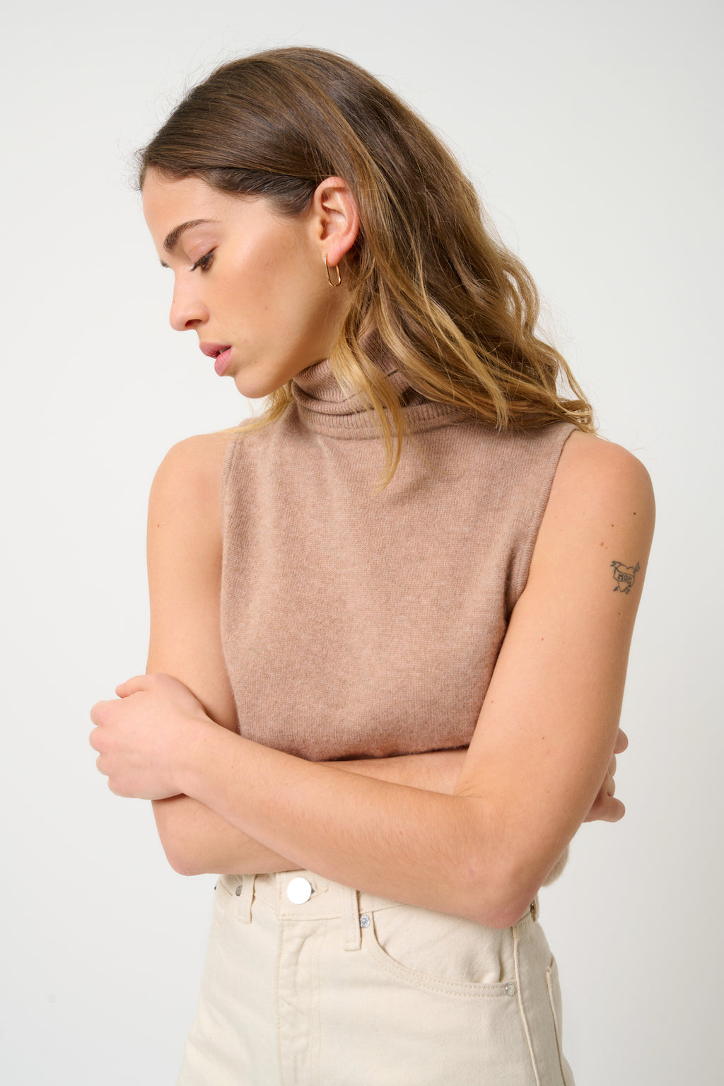Jersey de cuello alto sin mangas - Capucin - Camel jaspeado