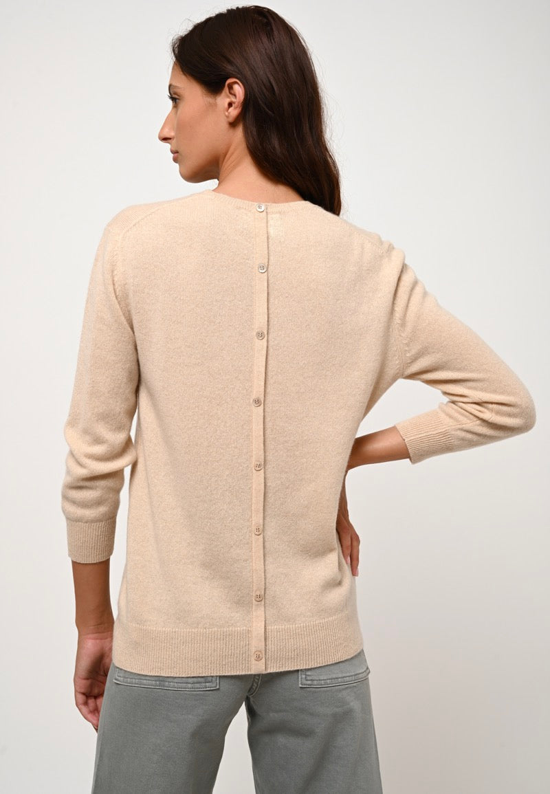 Pull Col Rond Boutonné Dos Estaris - Sable - 100% Cachemire 2 Fils - Femme