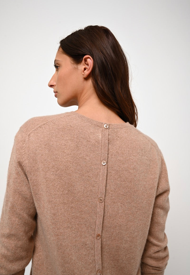 Pull Col Rond Boutonné Dos Estaris - Camel Chiné - 100% Cachemire - 2 Fils