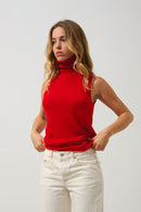 Pull Col Roulé Sans Manches Capucin - Rouge - 100% Cachemire 2 Fils - Femme