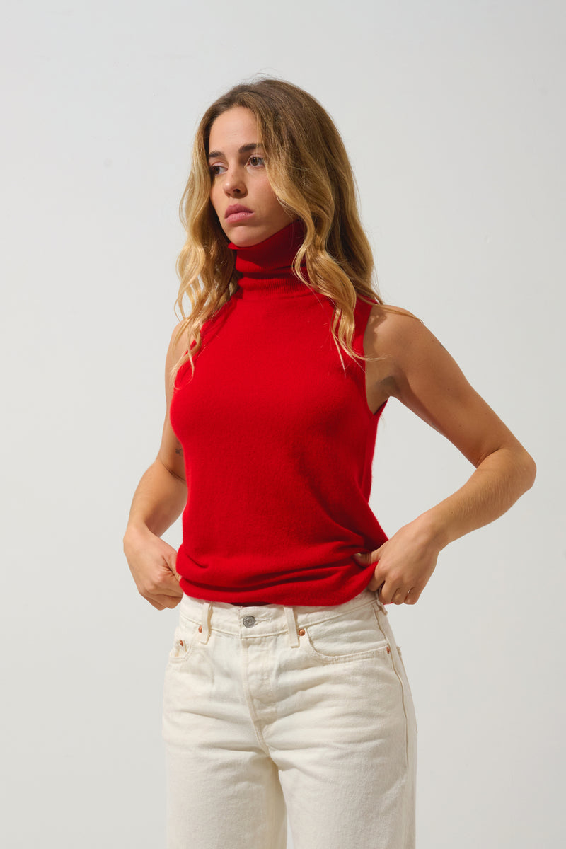 Pull Col Roulé Sans Manches Capucin - Rouge - 100% Cachemire 2 Fils - Femme