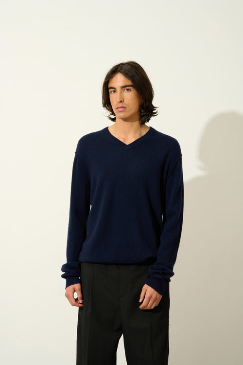 Pull Col V  Timeo - Navy - 100% Cachemire 2 Fils - Homme