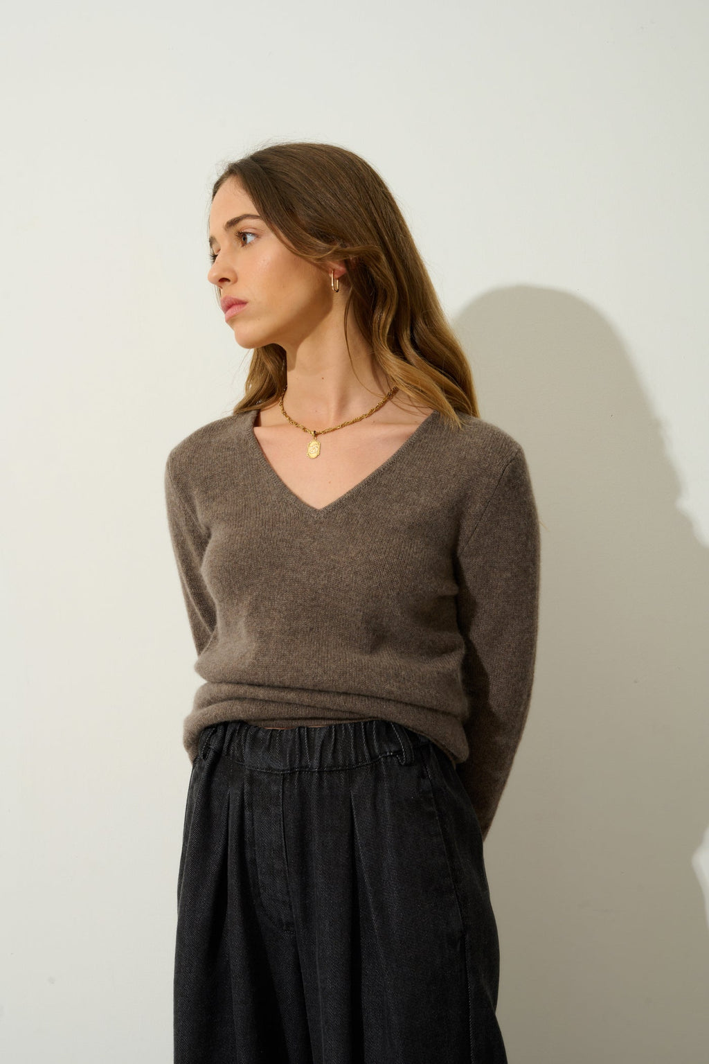 Pull Col V 4 Fils - Chelsea - Taupe Chiné
