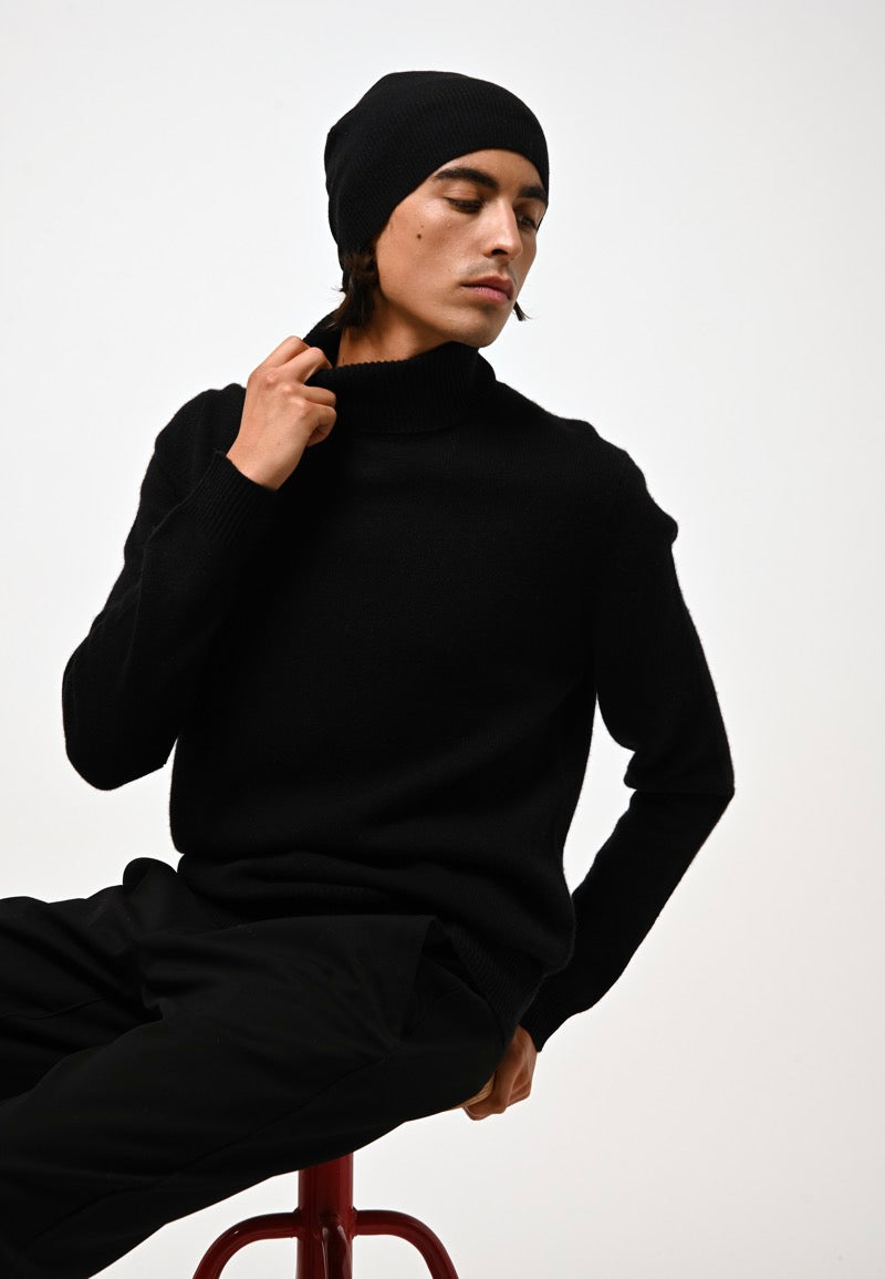Martin 4-Ply Roll-Neck Jumper - Black - 100% 4-Ply Cashmere