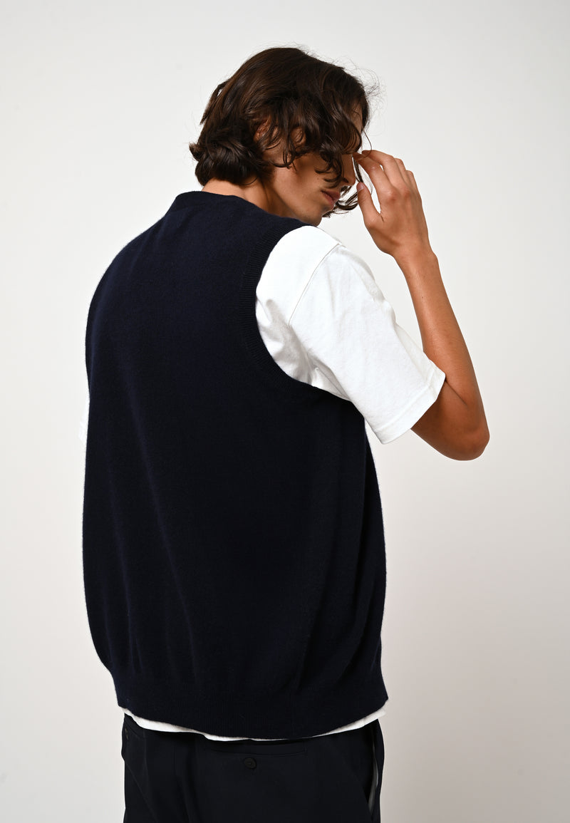 Cardigan Col V Sans Manches Hugo - Navy - 100% Cachemire 2 Fils - Homme