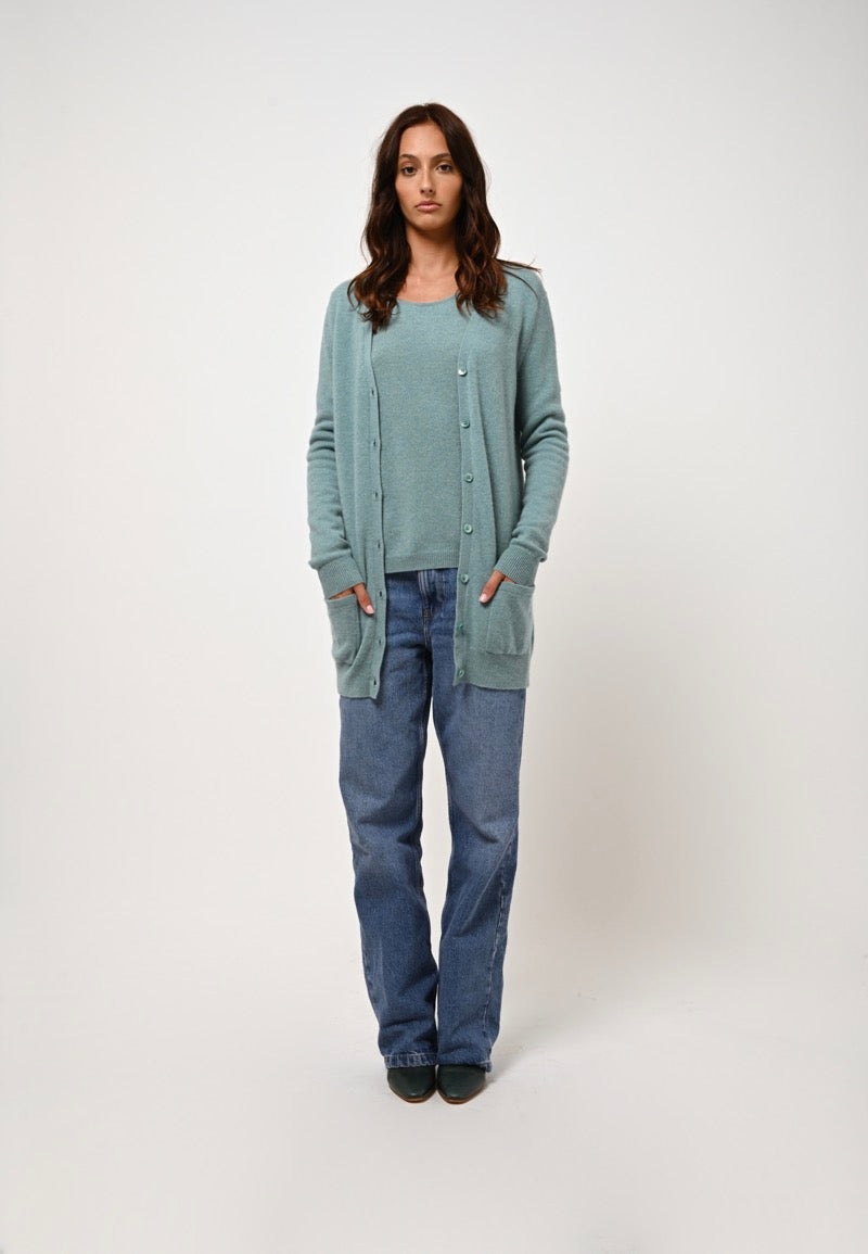 V-Neck Cardigan Cimet - Green Marl - 100% 2-Ply Cashmere