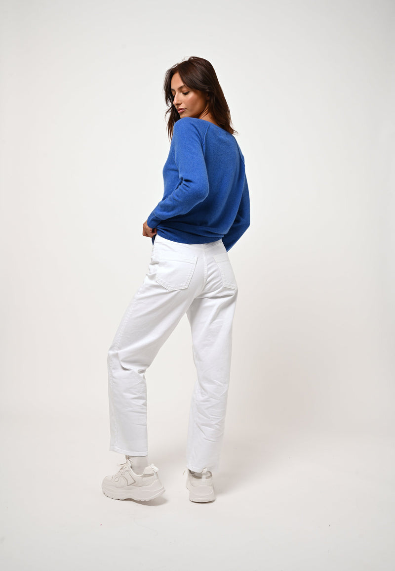 Pull Col V Giusalet - Bleu Électrique - 100% Cachemire 2 Fils