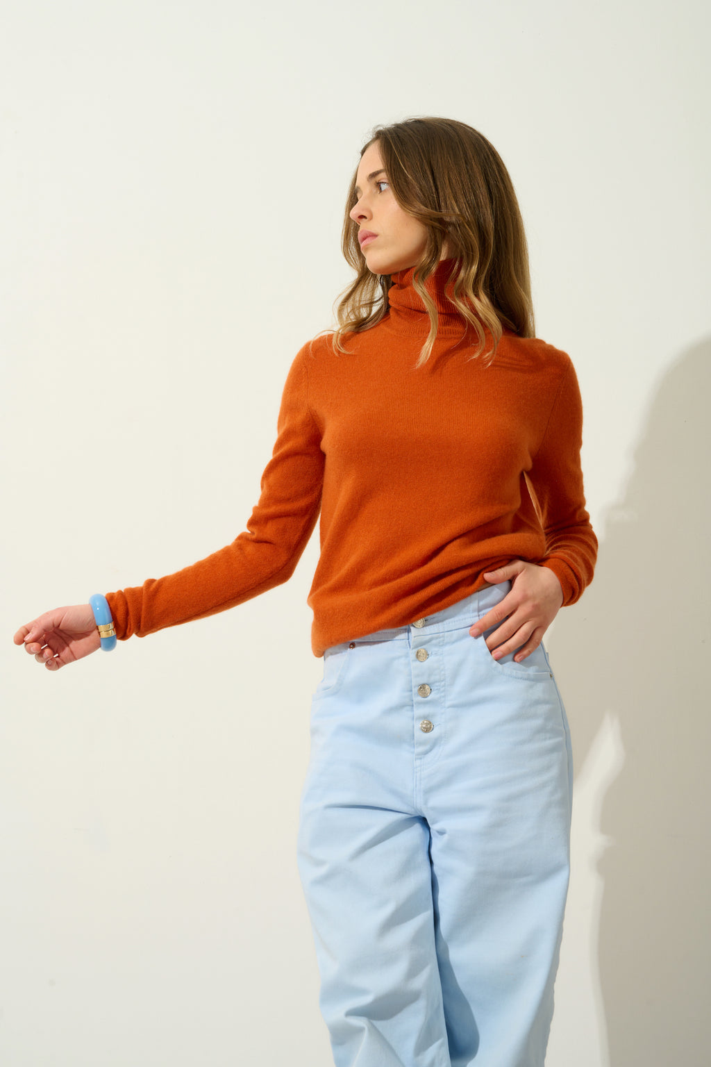 Pull Col Roulé Bise - Safran - 100% Cachemire 2 Fils - Femme