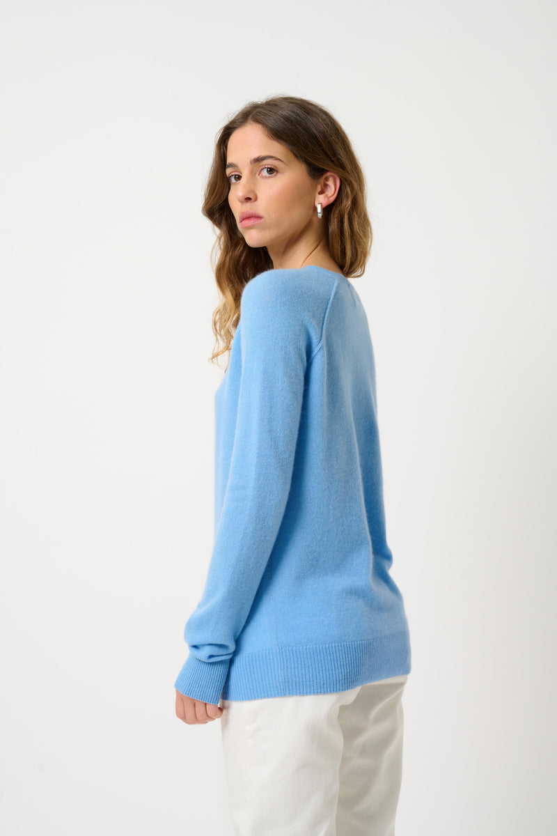 Pull Col Rond Etret - Baby Blue - 100% Cachemire 2 Fils - Femme