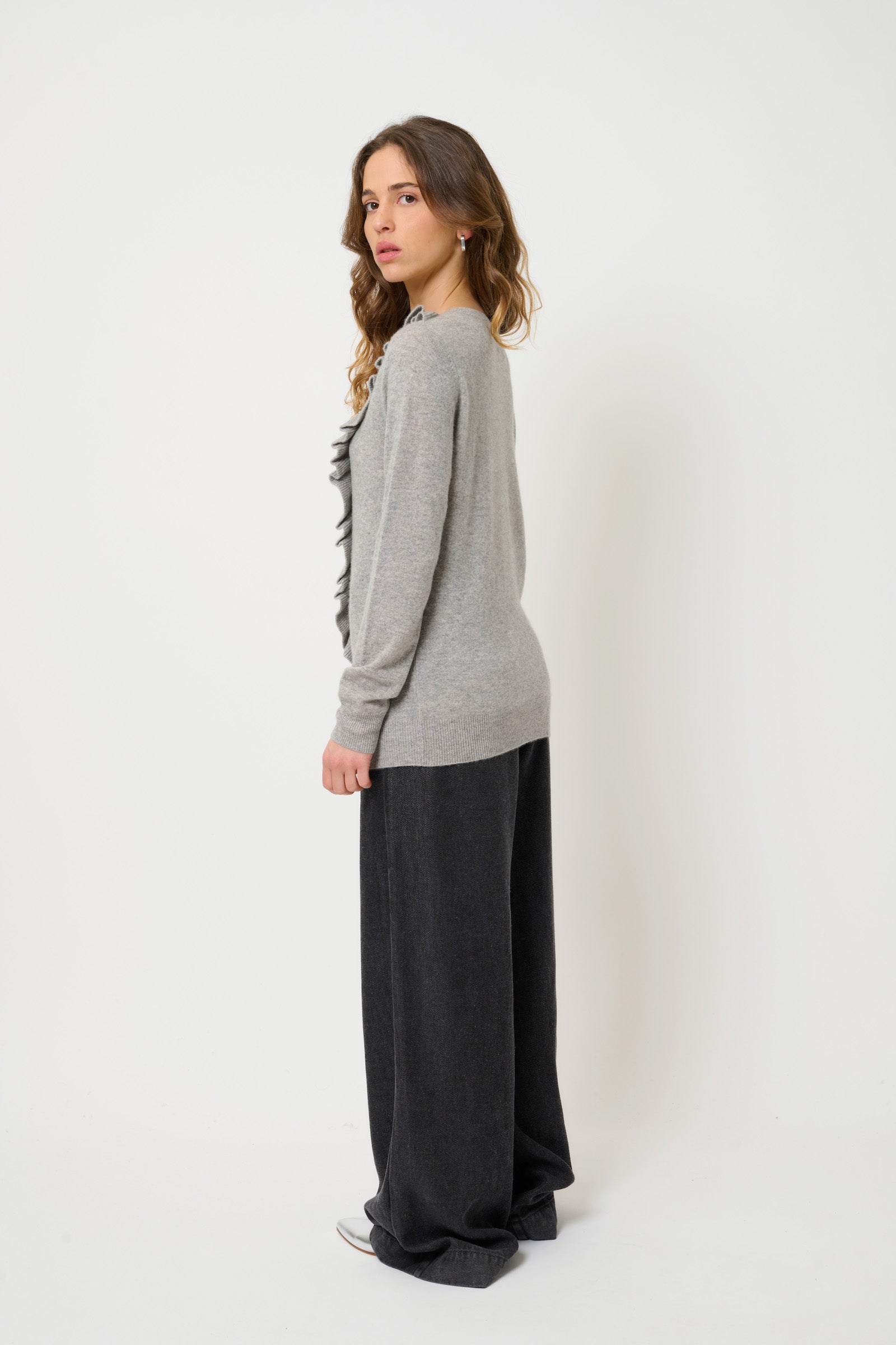 Round-Neck Jumper with Front Ruffles - Knott - Nuage Chiné