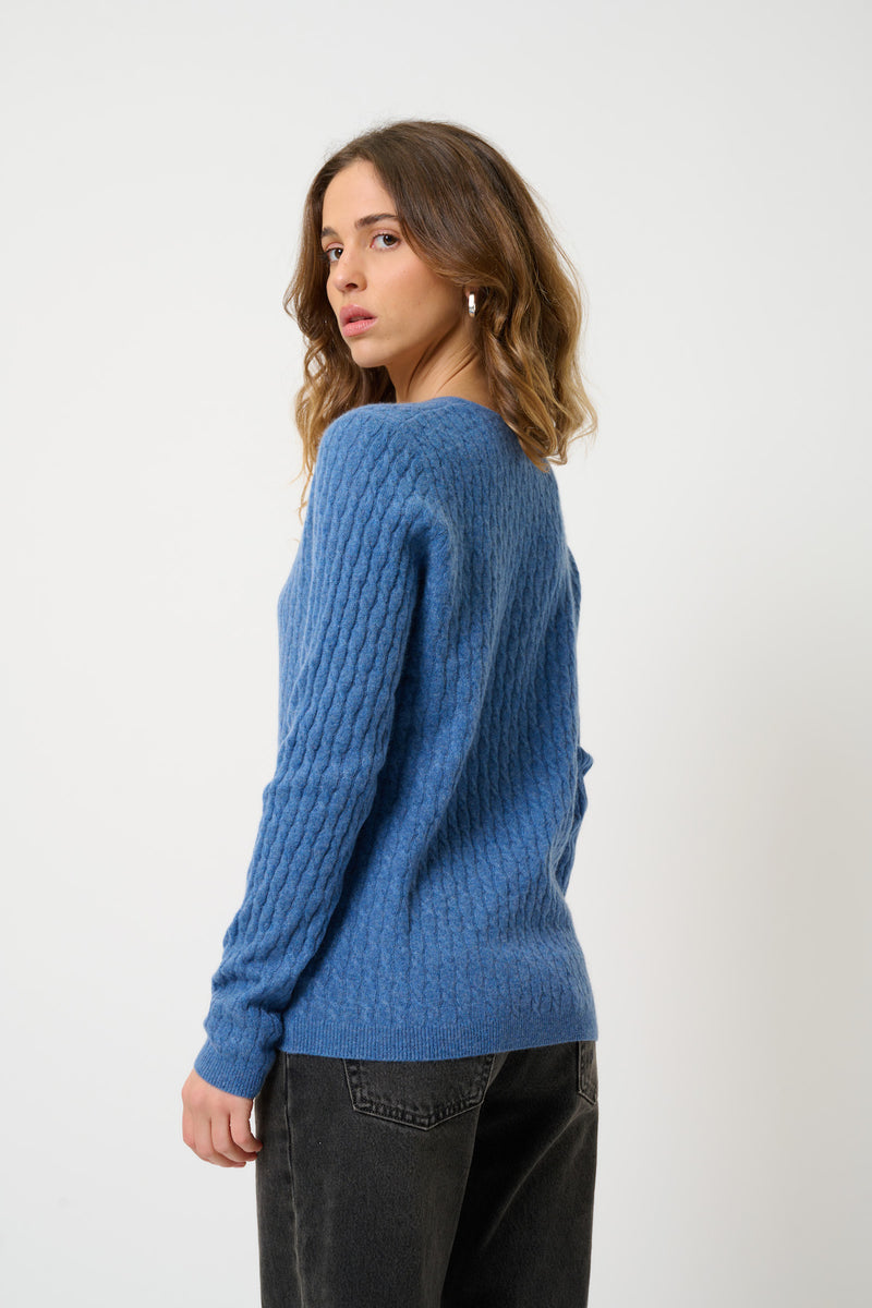 Pull Col V Grasmoor - Bleu Denim - 100% Cachemire 2 Fils - Femme